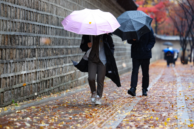 서울에 비가 내린 26일 오전 서울 중구 덕수궁 돌담길 인근에서 시민들이 우산을 쓰고 이동하고 있다. <연합뉴스>
